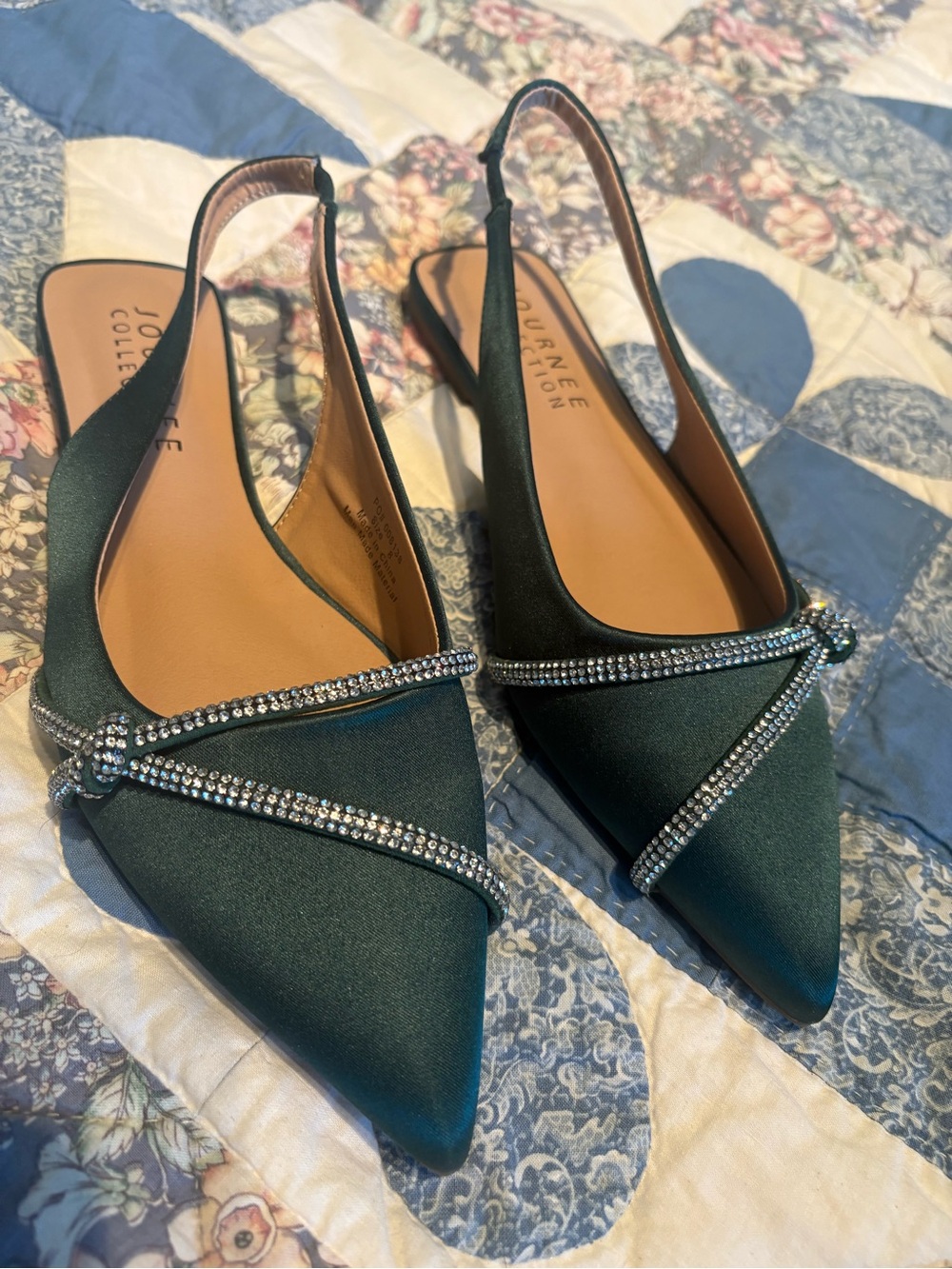 Journee Collection Emerald Green Satin Slingback Flats with Rhinestone Trim